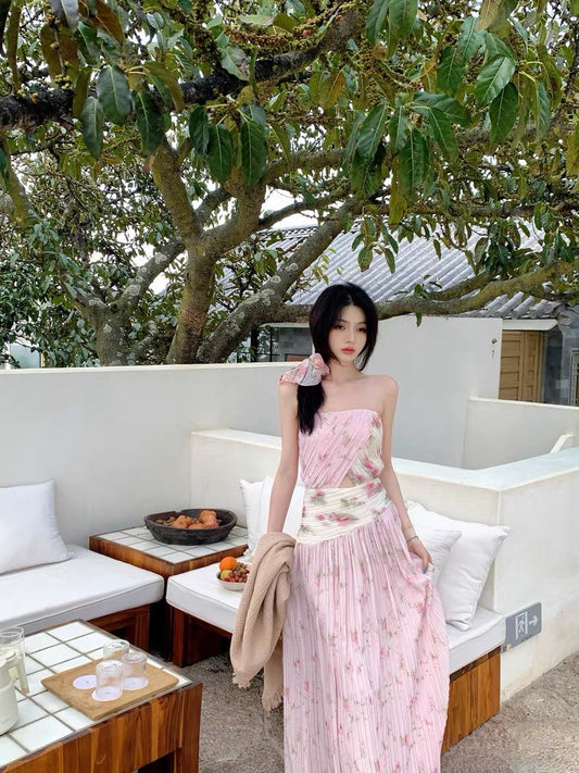 NA+ 雙生嬌花 氣質壓褶抹胸拼接連身裙