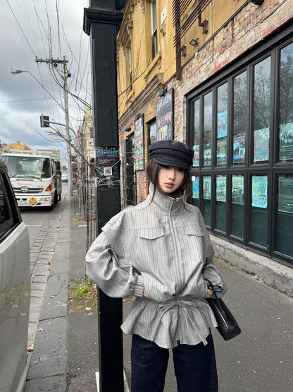 NA+ 英倫留學復古抽繩夾克外套 條紋