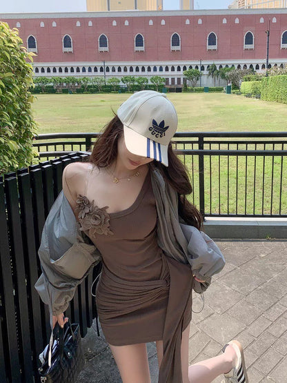 NA+ 立體花仙子不規則拼接連身裙 咖