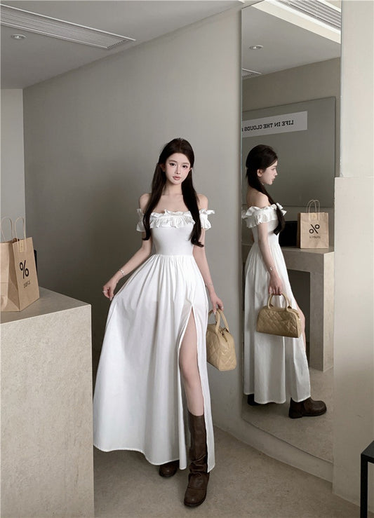 NA+ 漂亮姐姐 甜美荷葉一字領拼接開叉連身裙 白/黑