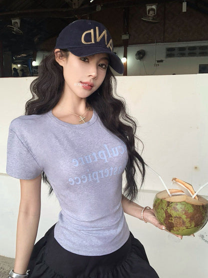 NA+ 辣妹正肩顯瘦圓領撞色字母上衣 灰/黑