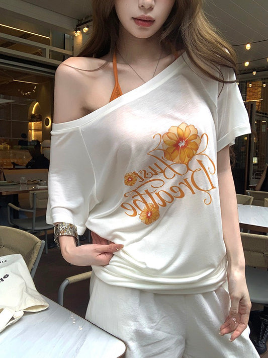 NA+ 休閒字母印花寬鬆上衣 內搭橙色內衣