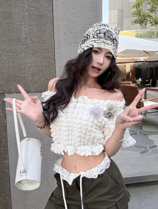 NA+ 韓國女團甜美立體泡泡一字領上衣