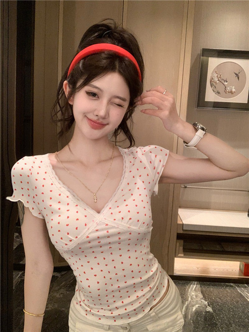 Na+ 韓系香奶奶 蕾絲修身薄款上衣 愛心印花款