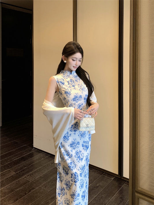 NA+ 改良新中式旗袍青花瓷印花連身裙 白色空調罩衫
