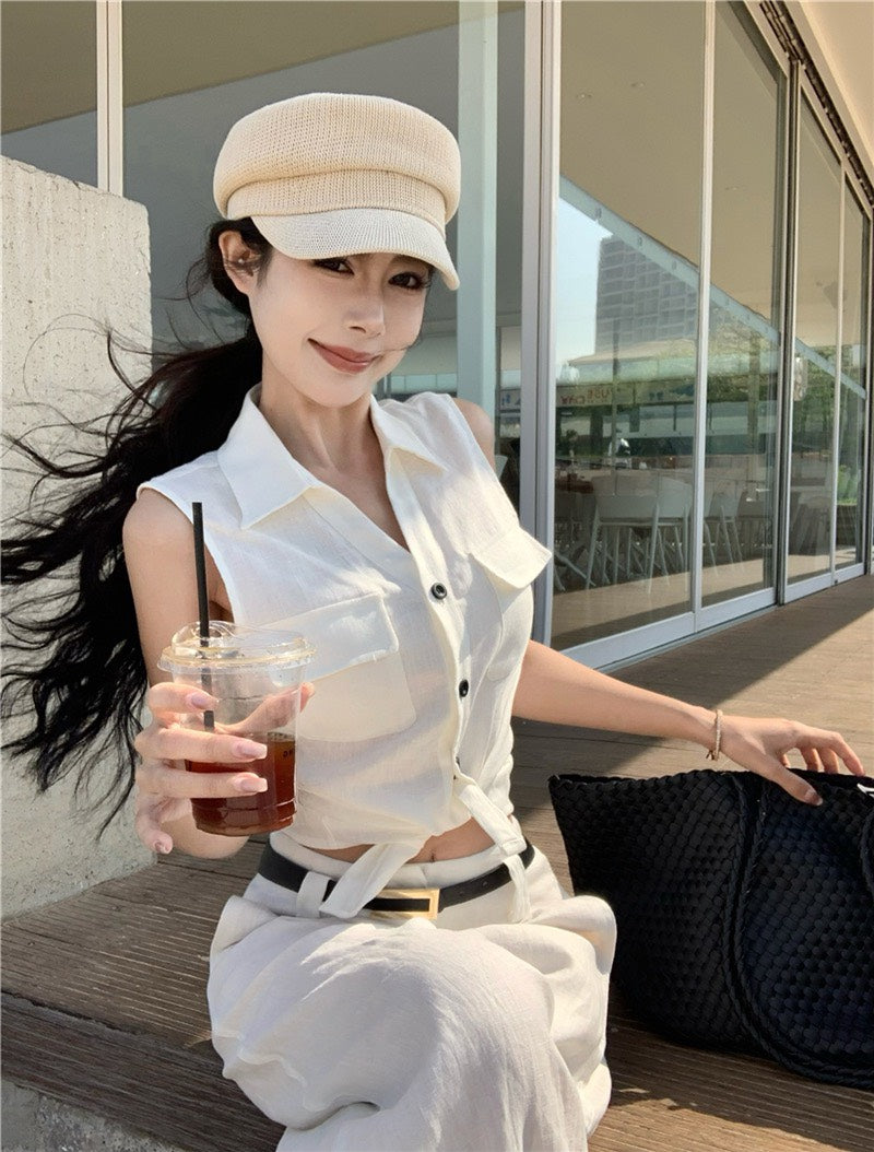 NA+ 老錢vibe 高量亞麻簡約背心/高腰休閒褲 白