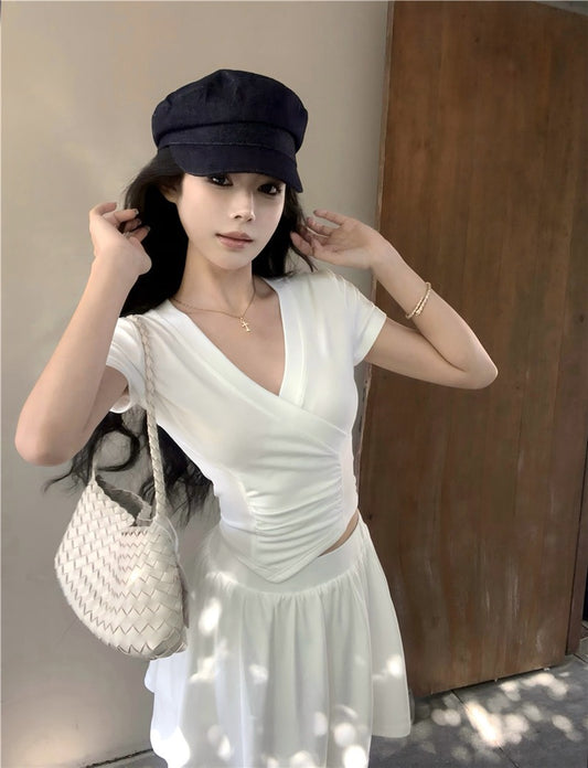 NA+ 甜心教主 純白交錯後背綁帶上衣 網球半身裙