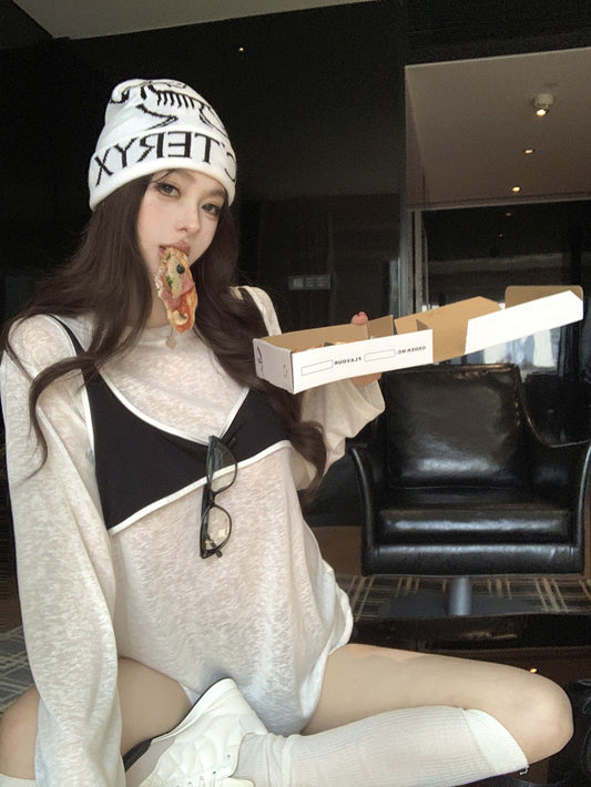 NA+ 個性潮妞 假兩件撞色拼接寬鬆上衣