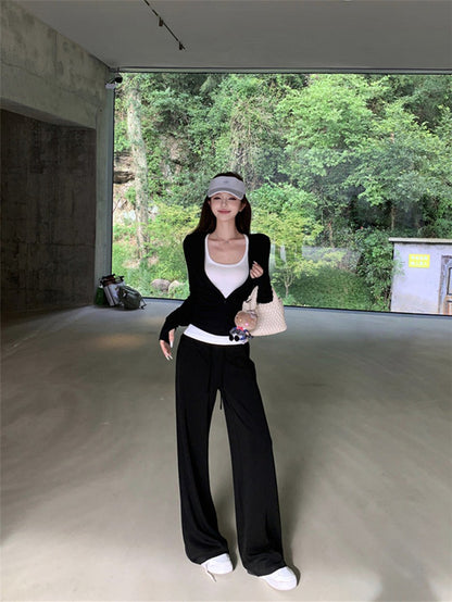 NA+ 通勤基礎修身拉鍊外套抽繩褲套裝 黑