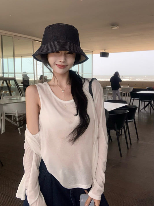 NA+ 鬆弛簡約純色防曬上衣2件套 白/黑