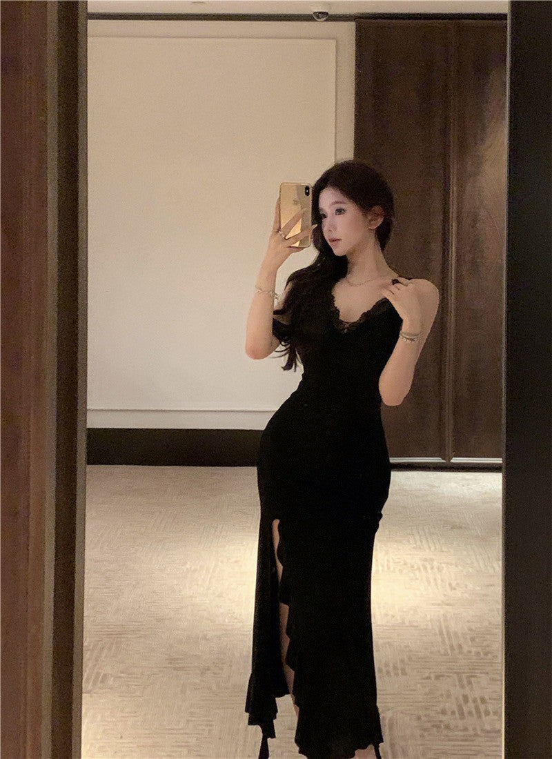 Na+ 復古貓女性感蕾絲開叉連身裙 黑