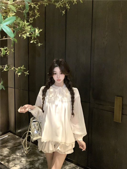 NA+ 古董doll娃娃領泡泡上衣 修身花苞短褲