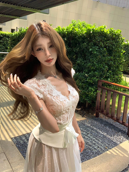 NA+ 驚艷絕美白色波點裙 法式收腰蕾絲無袖上衣