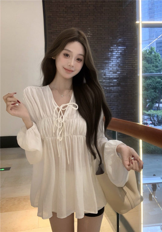 Na+ 法式氣質純色燈籠袖綁帶襯衫上衣 白