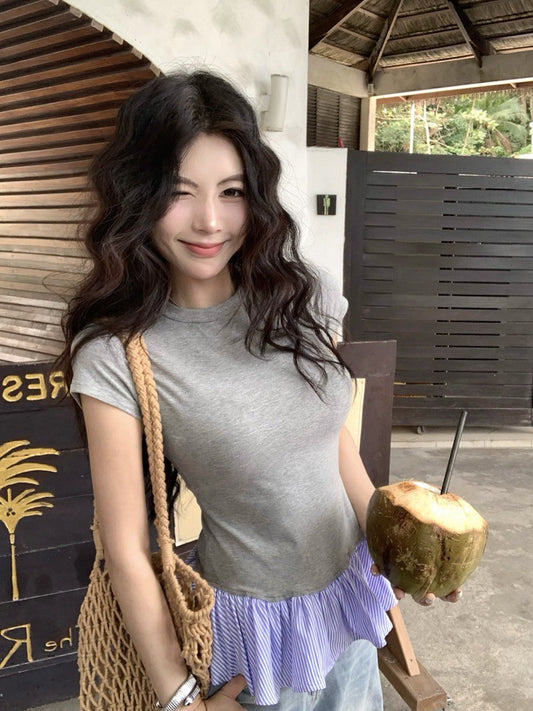 NA+ 俏皮荷葉拼接正肩上衣 灰/藏藍