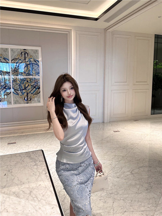 NA+ 明月藍花氣質褶皺緞面背心 蕾絲半身裙