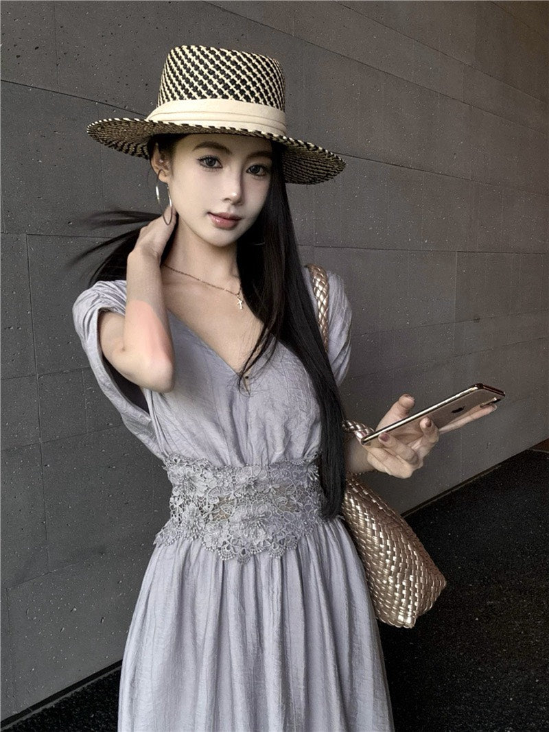 NA+ 定染法式紫水晶收腰V領連身洋裝