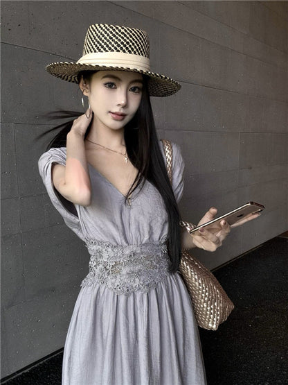 NA+ 定染法式紫水晶收腰V領連身洋裝