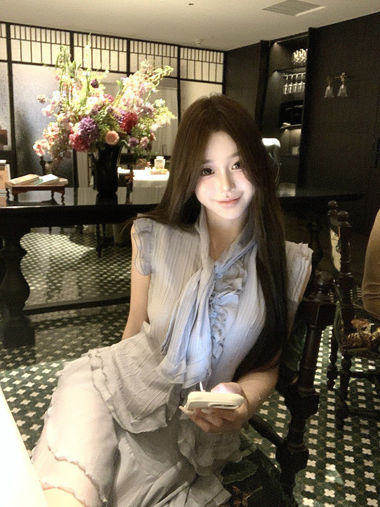 NA+ 南洋千金雪紡飄逸荷葉上衣 不規則半身裙 藍灰