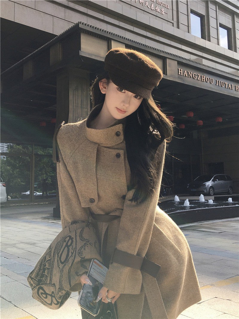 NA+ 舊夢赫卡厚磅毛呢雙排扣外套 卡茶色