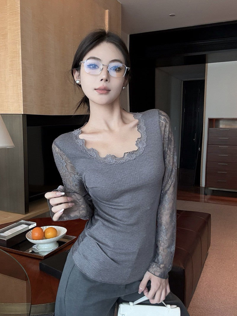 NA+ 不簡單打底蕾絲拼接針織上衣 灰