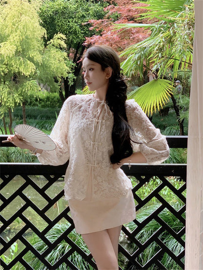 NA+ 手工立體蝴蝶花盤扣襯衫（附背心）中式印花半身裙