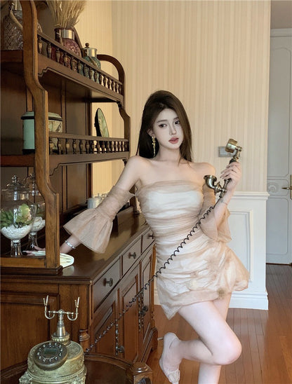 Na+ 刺茶玫瑰性感網紗手工花抹胸裙