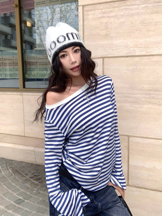 NA+ 慵懶隨性條紋喇叭袖上衣 藍條/黑條