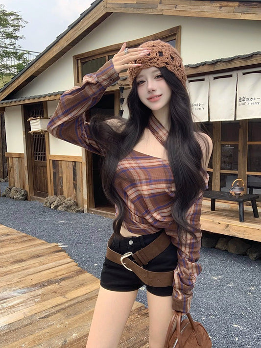 NA+ 復古格紋多穿法斜肩上衣 復古咖