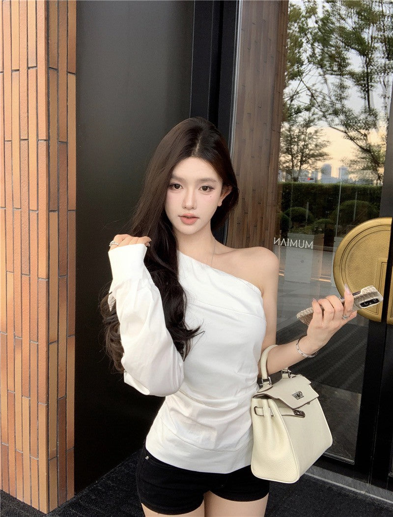 NA+ 設計感單肩收腰白色襯衫