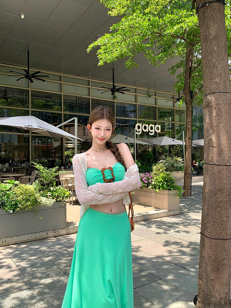 NA+ 度假風情小清新綠色抹胸 大裙擺半身裙 透感防曬外套