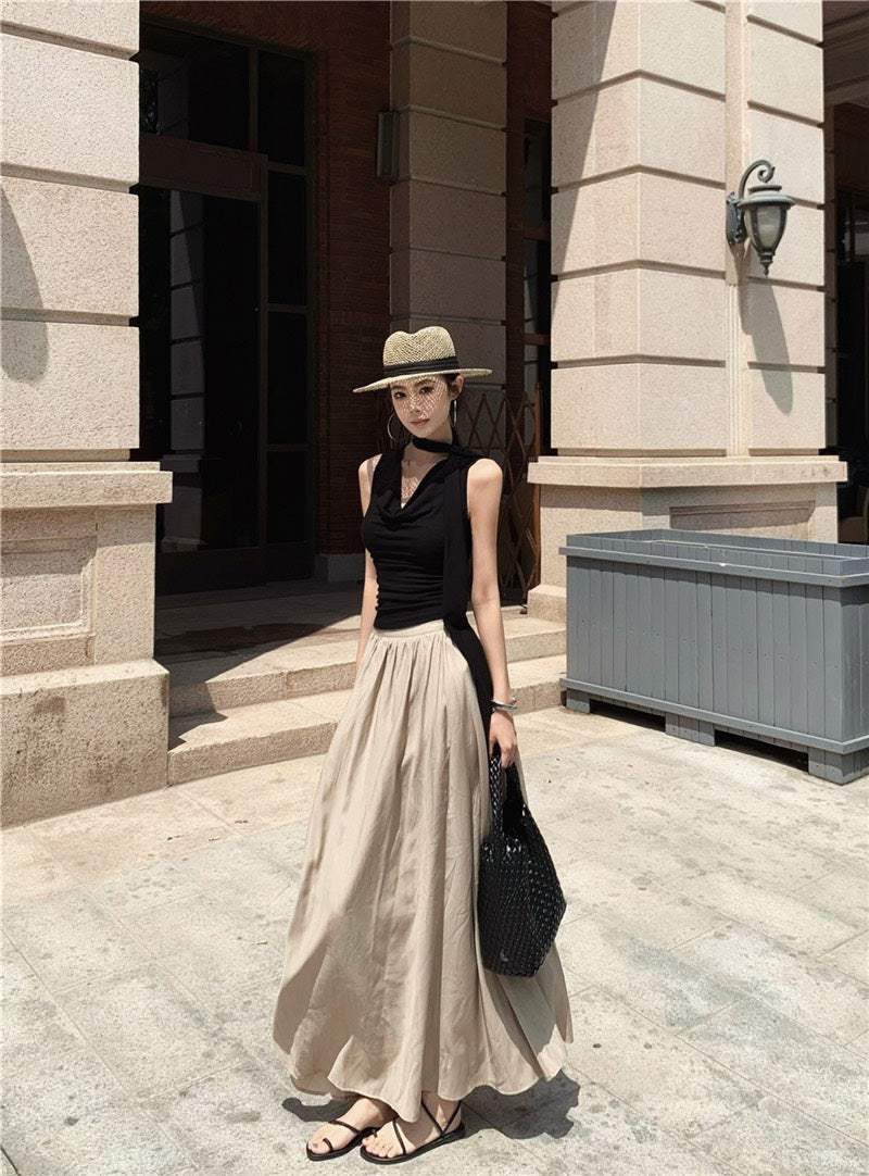 NA+ 法式浪漫蘯領氣質飄帶黑色上衣 A字擺卡其半身裙