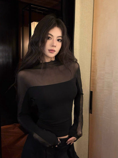 NA+ 歐美性感透視感拼接刷毛上衣 黑