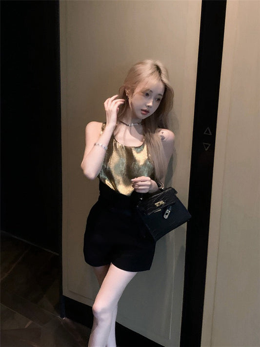 NA+ 復古時髦U領背心2色/極高腰花苞褲