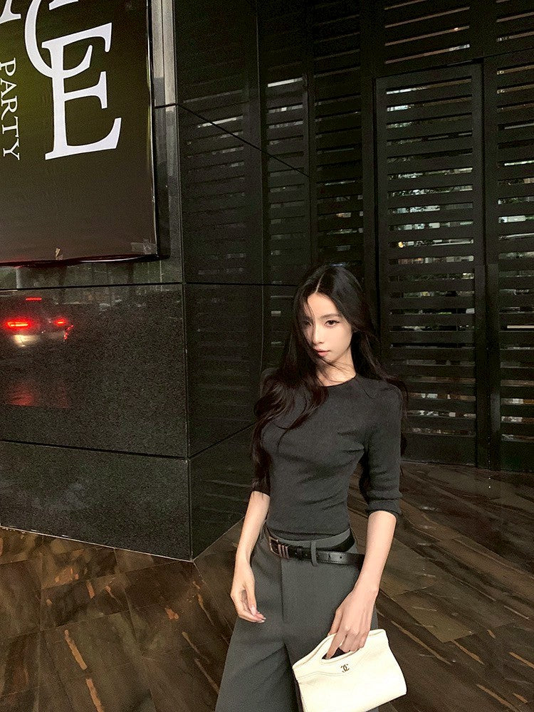 ''Na+''低調氛圍 5分袖修身針織上衣 灰/黑 中腰休閒褲