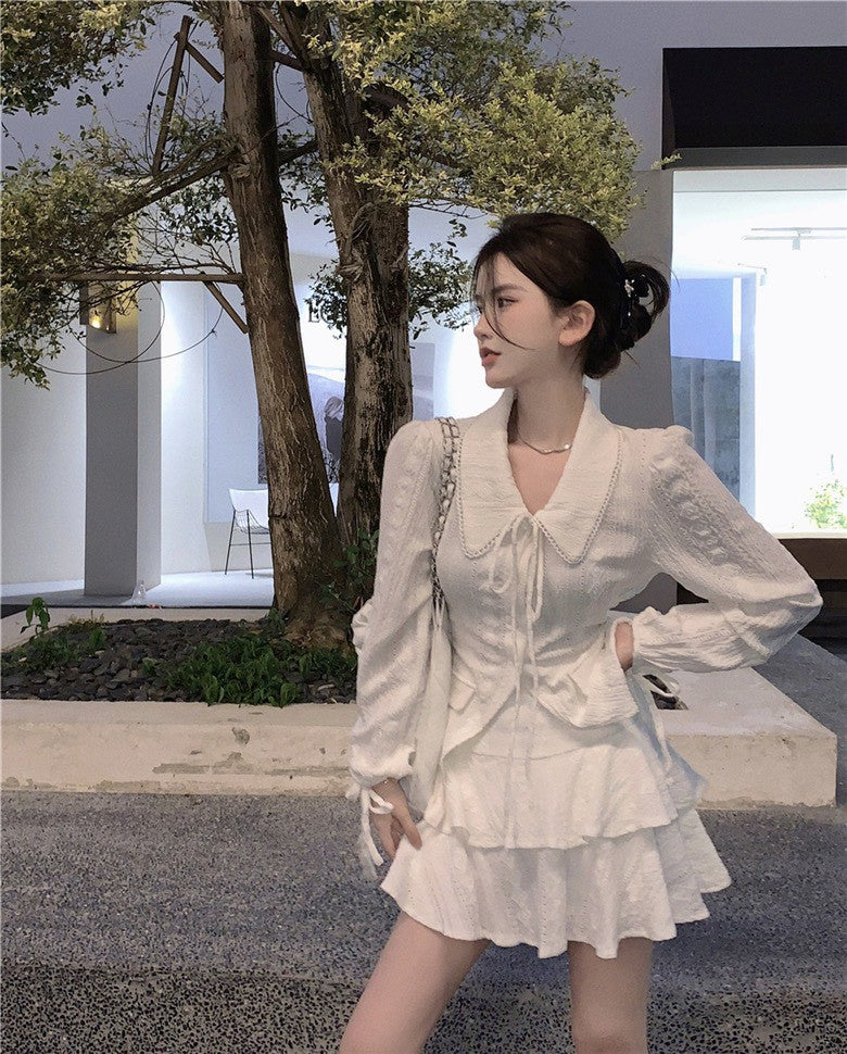 NA+ 初戀甜美緹花翻領繫帶襯衫 蛋糕半身裙