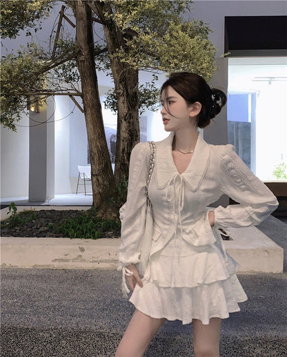 NA+ 初戀甜美緹花翻領繫帶襯衫 蛋糕半身裙