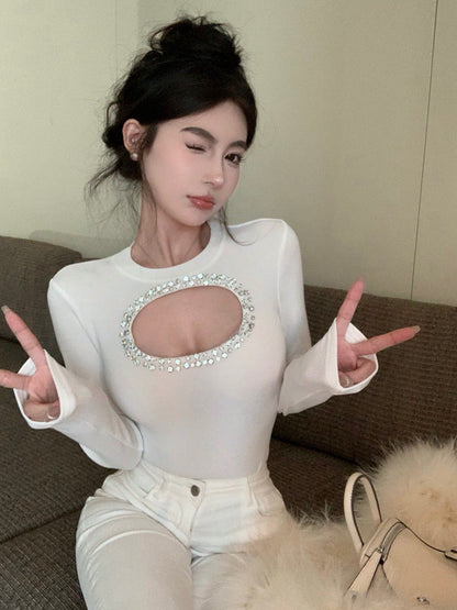 NA+ 純慾心機縷空鑲鑽圓領上衣 白