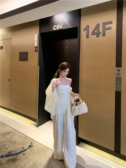 NA+ 米蘭假日 高雅抹胸側飄帶休閒褲套裝 白色