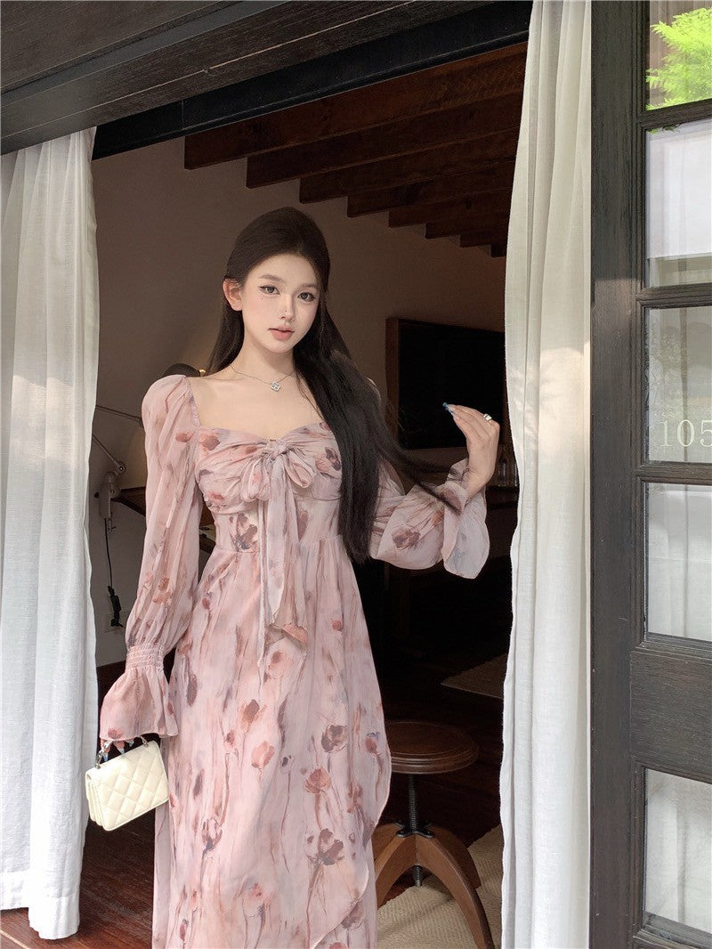 Na+ 甜美法式方領顯瘦碎花連衣裙 粉 兩款長度