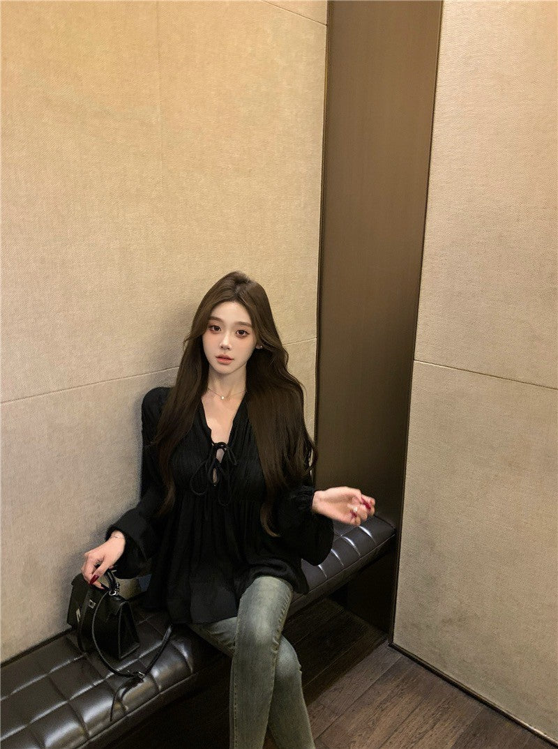 Na+ 法式氣質純色燈籠袖綁帶襯衫上衣 黑