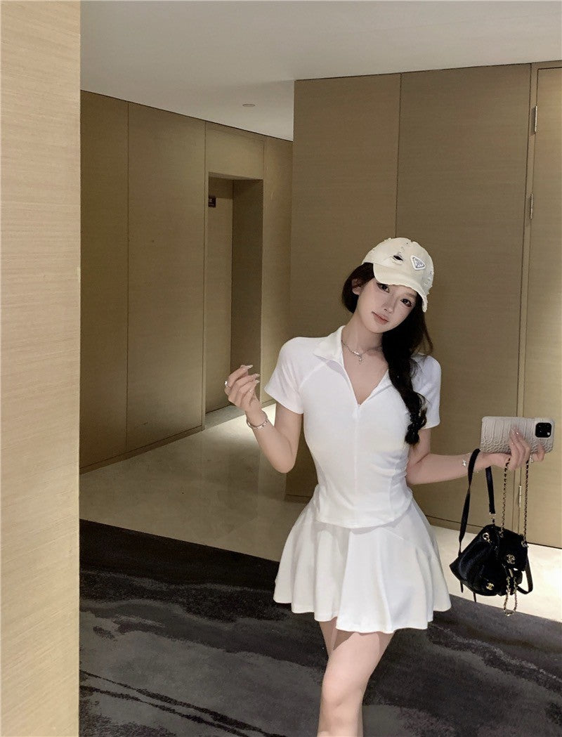 Na+ 運動clean fitting 休閒簡約polo領半身裙套裝 白