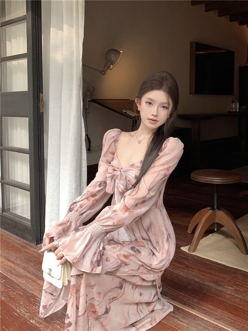 Na+ 甜美法式方領顯瘦碎花連衣裙 粉 兩款長度