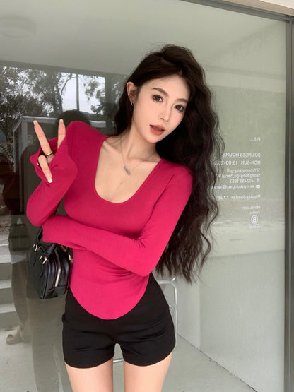 Na+ 藏不住好身材打底 U領純色圓弧上衣 白/紫/莓紅