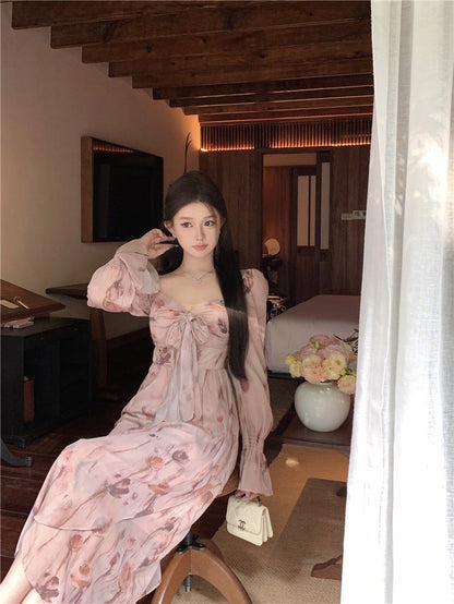 Na+ 甜美法式方領顯瘦碎花連衣裙 粉 兩款長度