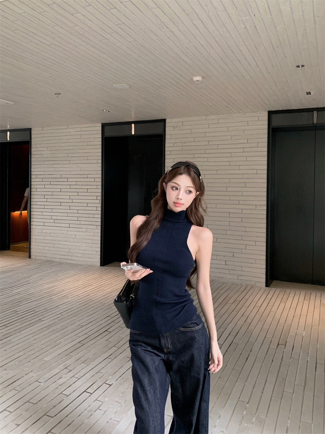 ''Na+''古早美學 羊毛混紡高領針織背心 藏藍/黑色