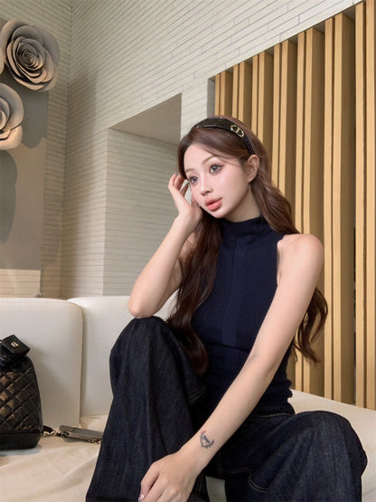 ''Na+''古早美學 羊毛混紡高領針織背心 藏藍/黑色