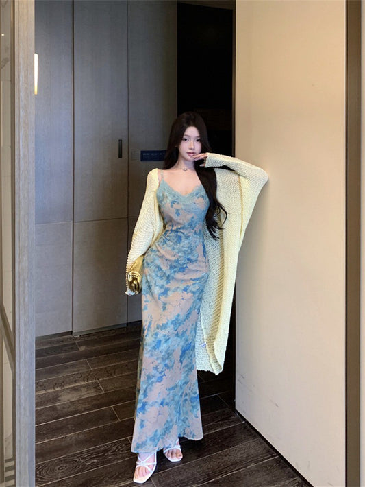 NA+ 斜裁花青綠暈染蕾絲連身裙 針織開衫