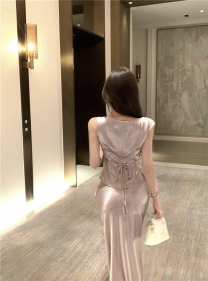 Na+ 晚宴麗人嘉賓 醋酸蕾絲拼接背心 半身裙套裝