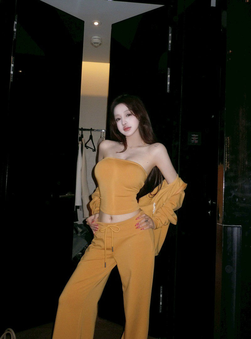 NA+ 歐美女 休閒時髦抹胸收腰外套套裝 抽繩休閒褲 黃